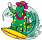 Dorothy the Dinosaur surfing