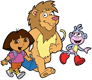 Dora walking with Leon the lion and Boots