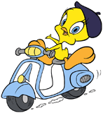 Tweety bird riding a scooter in Paris